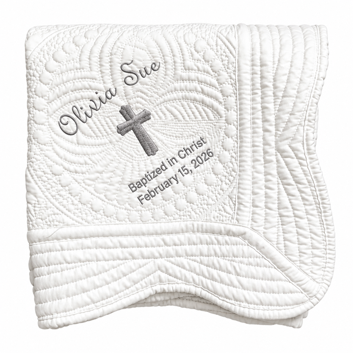 Personalized baptism blanket with a child's name and baptism date