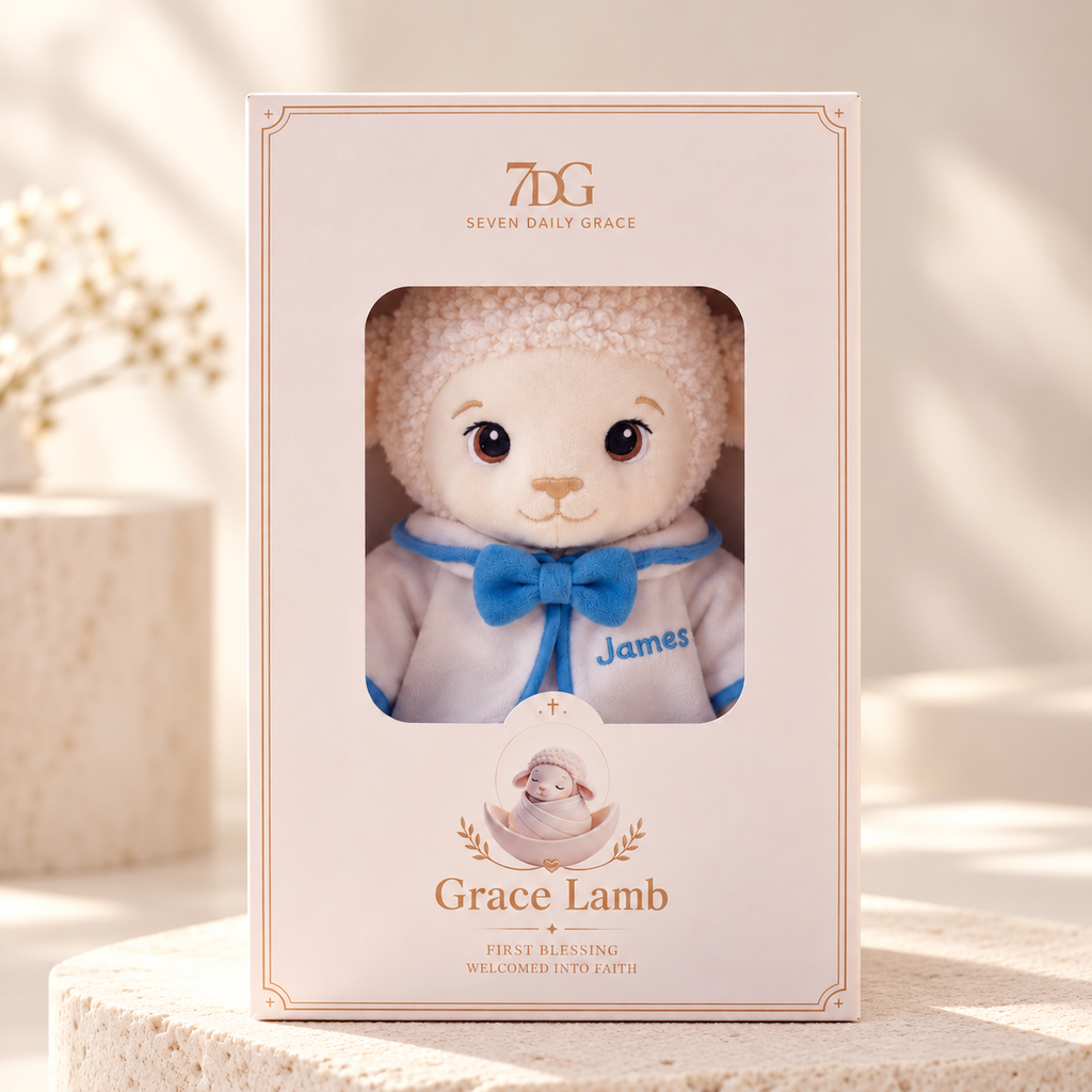 Personalized baptism lamb keepsake with a soft ivory plush body and a white outfit made for a child's faith milestone.