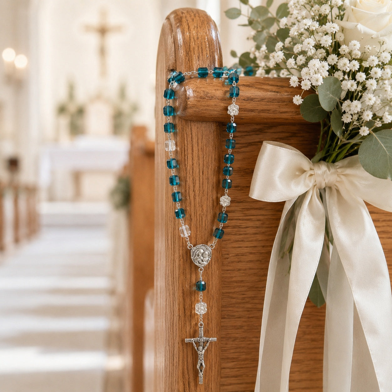 Blue wedding rosary hanging on a church pew with white flowers and ribbon, creating a beautiful Catholic bridal ceremony decoration and meaningful wedding blessing symbol.