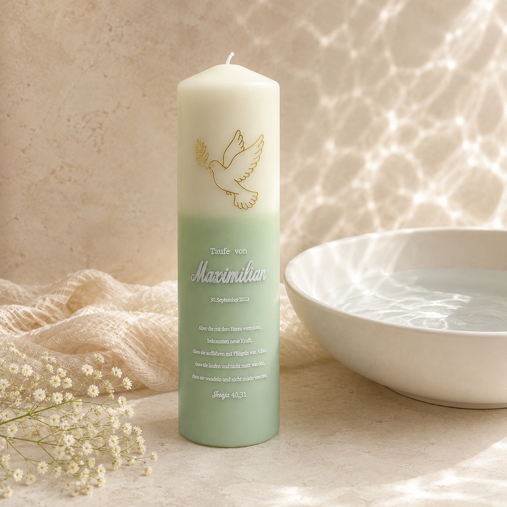 Personalized sage green baptism candle with dove design, custom name and date for baby christening ceremony