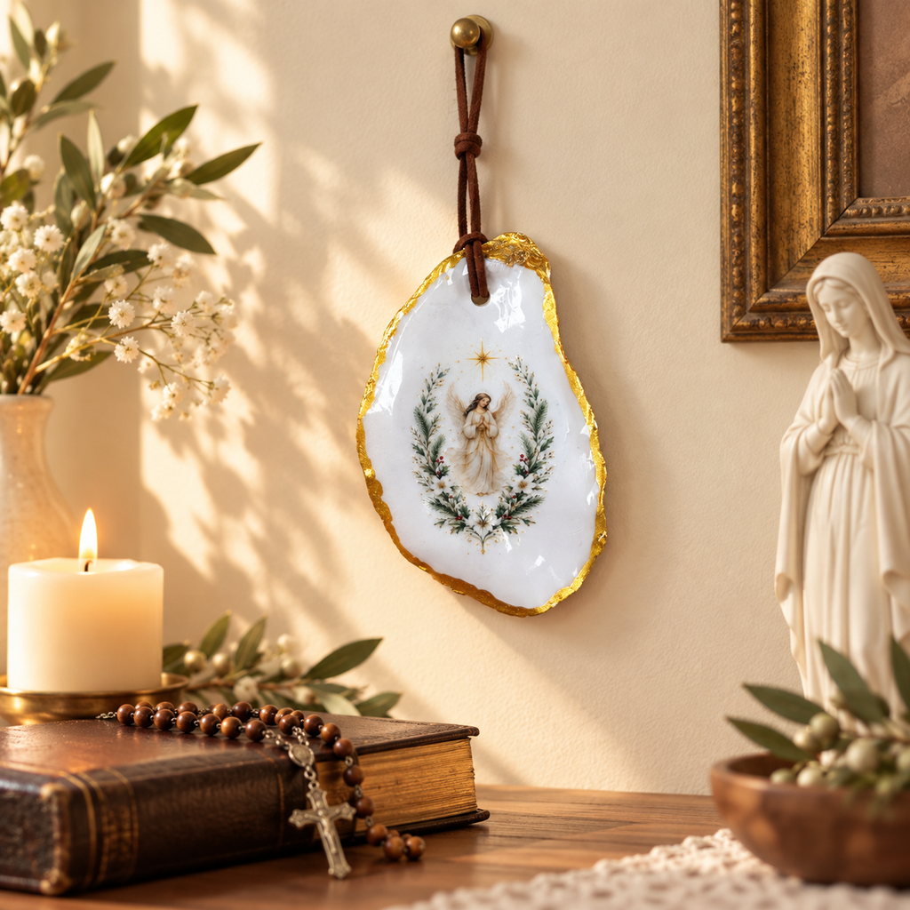Catholic wall hanging displayed in a prayer corner with candle, rosary, flowers, and Virgin Mary statue for home devotion.