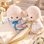 Personalized baptism plush lamb with custom name embroidery, soft cape outfit, and bow detail for Christening and baby faith keepsake gifts.