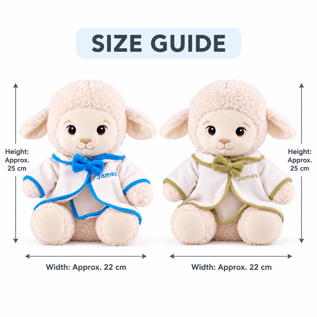 Size guide for the baptism lamb plush: approximately 25 cm tall and 22 cm wide.