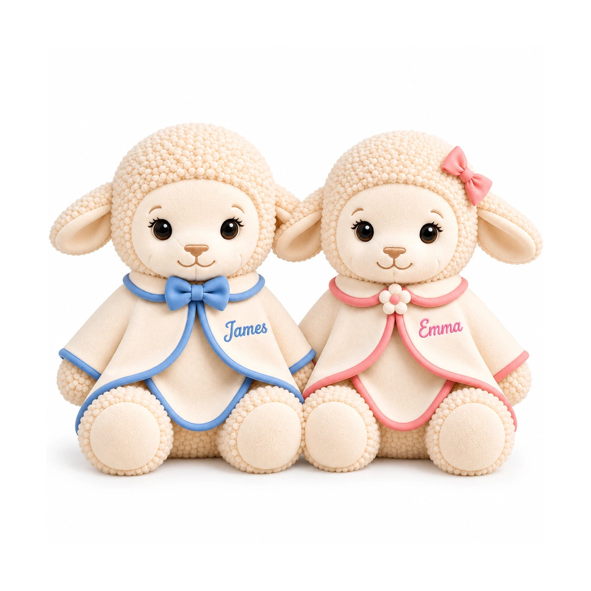 Two personalized baptism lamb plush toys with embroidered names, James in blue trim and Emma in pink trim, displayed on a white background.