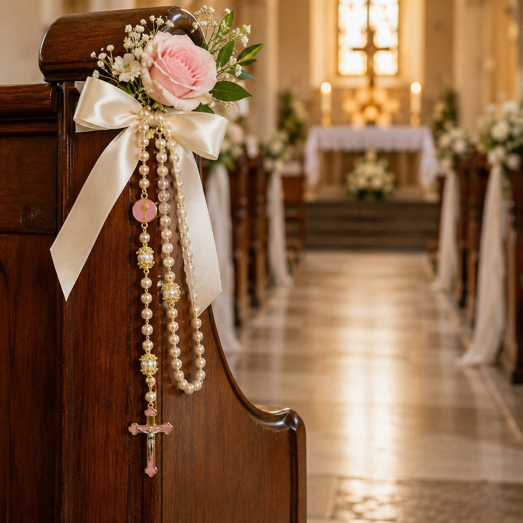 Bride holding a personalized pink Catholic rosary with gold crucifix and pearl beads, symbolizing faith, love, and marriage blessing