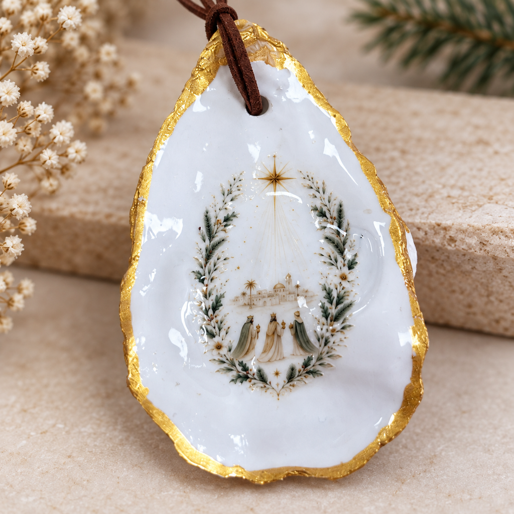 Handmade Catholic wall ornament with sacred artwork, glossy white finish, gold edge detail, and hanging design for prayer corner decor.
