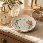 Personalized Wedding Ring Dish | Scalloped Ceramic Jewelry Tray with Gold Rim | Bride & Groom Engagement Gift