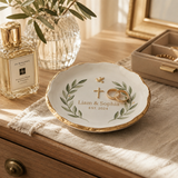 Personalized Wedding Ring Dish - Scalloped Gold Rim Jewelry Tray for Bride & Groom