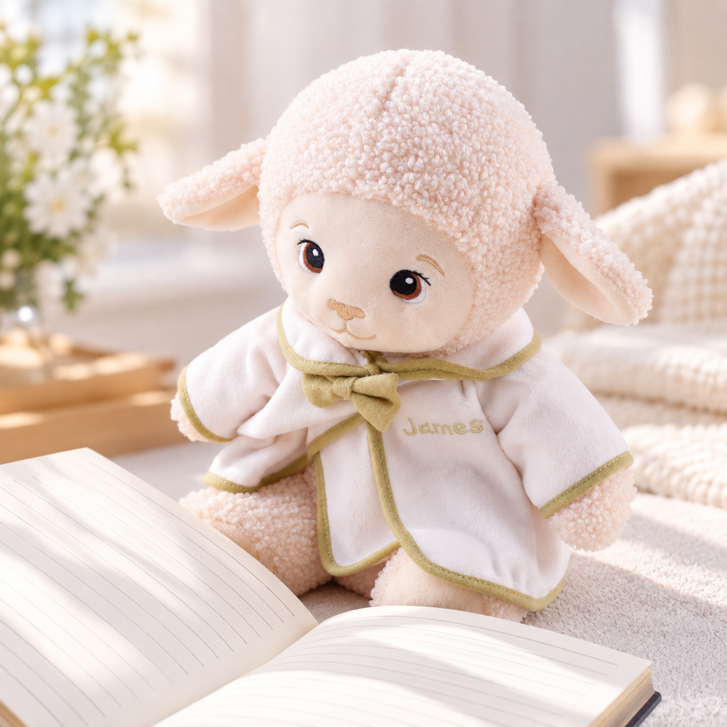 Ivory plush lamb in a white baptism outfit, styled as a gentle Christian keepsake gift for a baby.