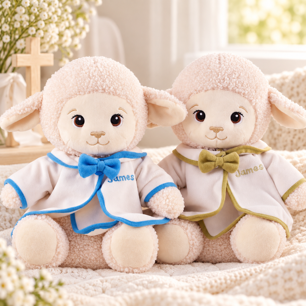 Ivory plush lamb presented as a thoughtful Christian baby shower or baptism gift.