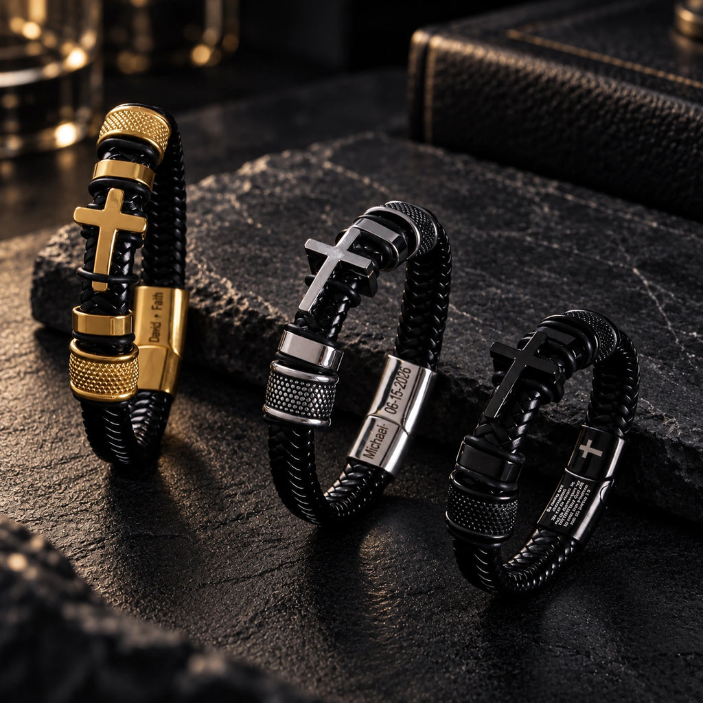 Men’s cross bracelet collection featuring black braided bands, gold, silver, and black metal cross details, and personalized engraving options.