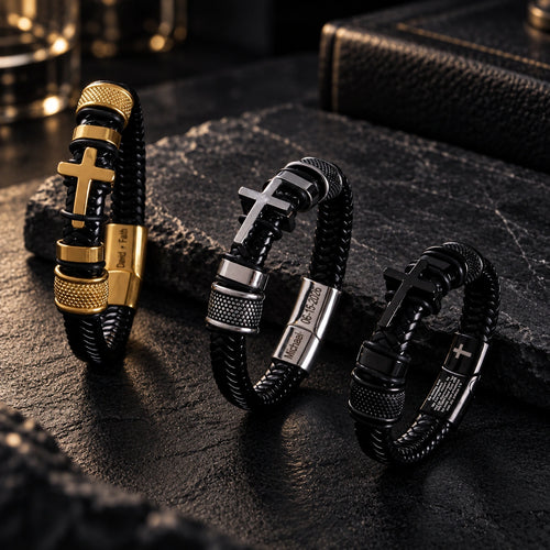 Men’s cross bracelet collection featuring black braided bands, gold, silver, and black metal cross details, and personalized engraving options.