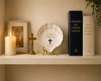 Close-up of personalized engraving on the Holy Water Bowl. Perfect for commemorating baptisms and creating lasting spiritual memories.