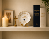 Close-up of personalized engraving on the Holy Water Bowl. Perfect for commemorating baptisms and creating lasting spiritual memories.