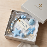 Personalised blue and grey silicone baby rosary pacifier clip with Jesus cross and star teether beads