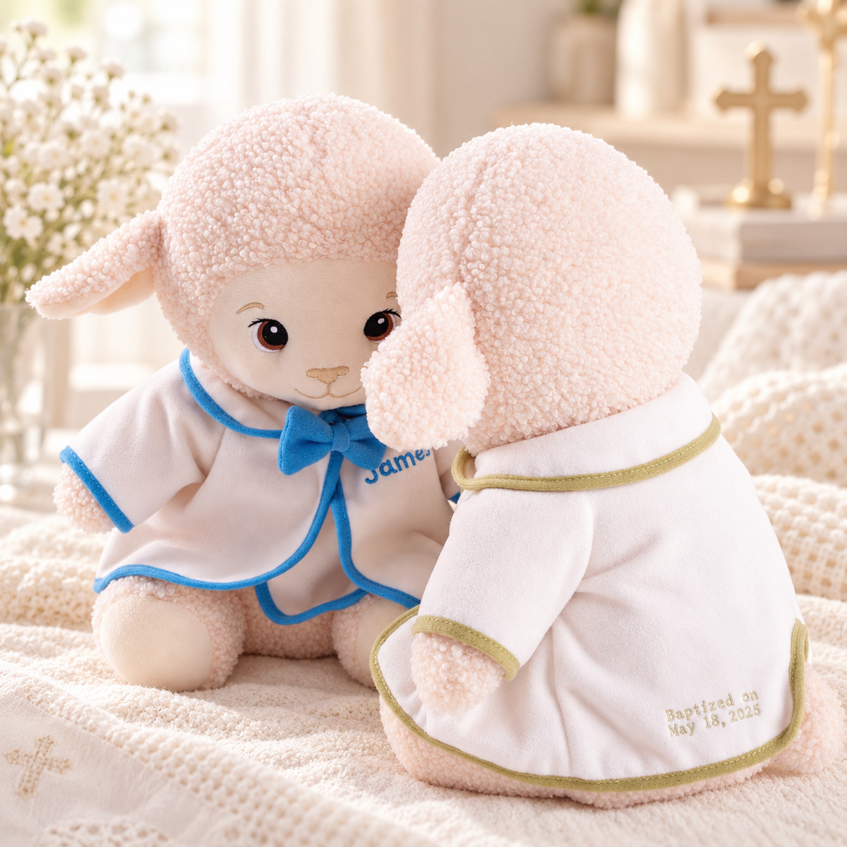 Close-up of a soft baptism lamb featuring custom name embroidery, bow detail, and plush cape outfit for a meaningful keepsake.
