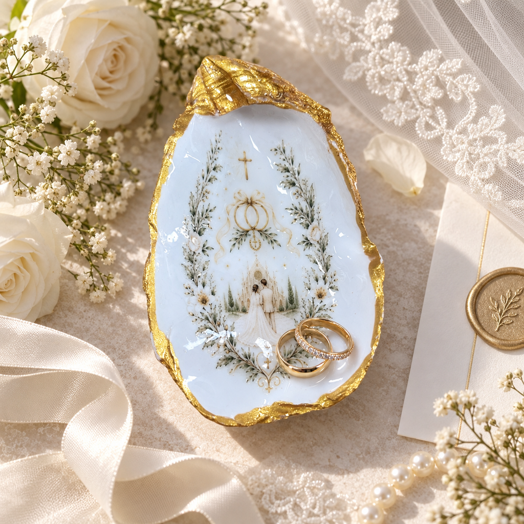Gold-edge oyster ring dish used as a wedding keepsake and jewelry tray