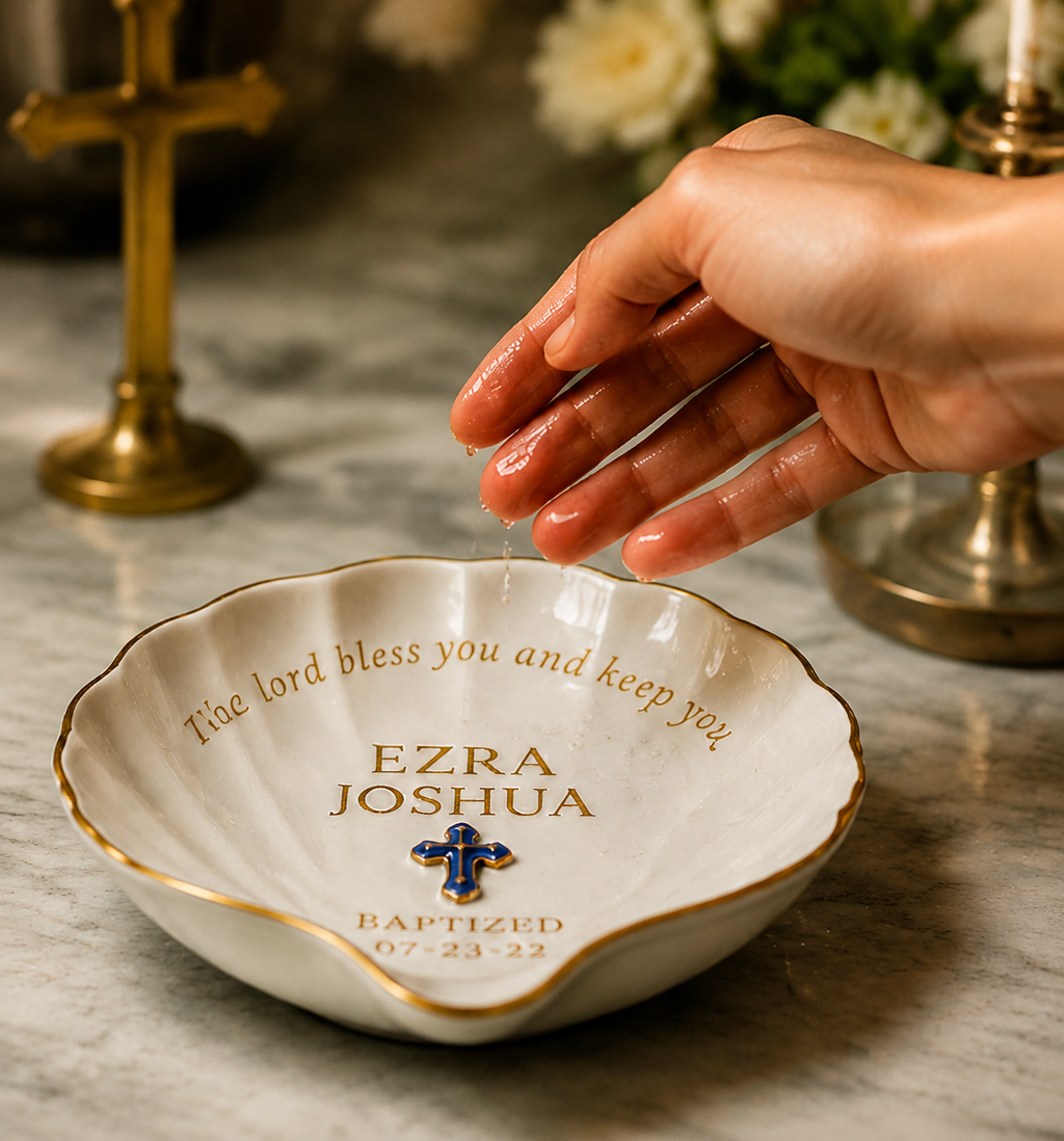 Porcelain Holy Water Bowl displayed on a home altar for daily blessings and morning or evening prayer. Elegant gold accents highlight modern spiritual decor.