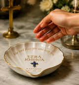 Porcelain Holy Water Bowl displayed on a home altar for daily blessings and morning or evening prayer. Elegant gold accents highlight modern spiritual decor.