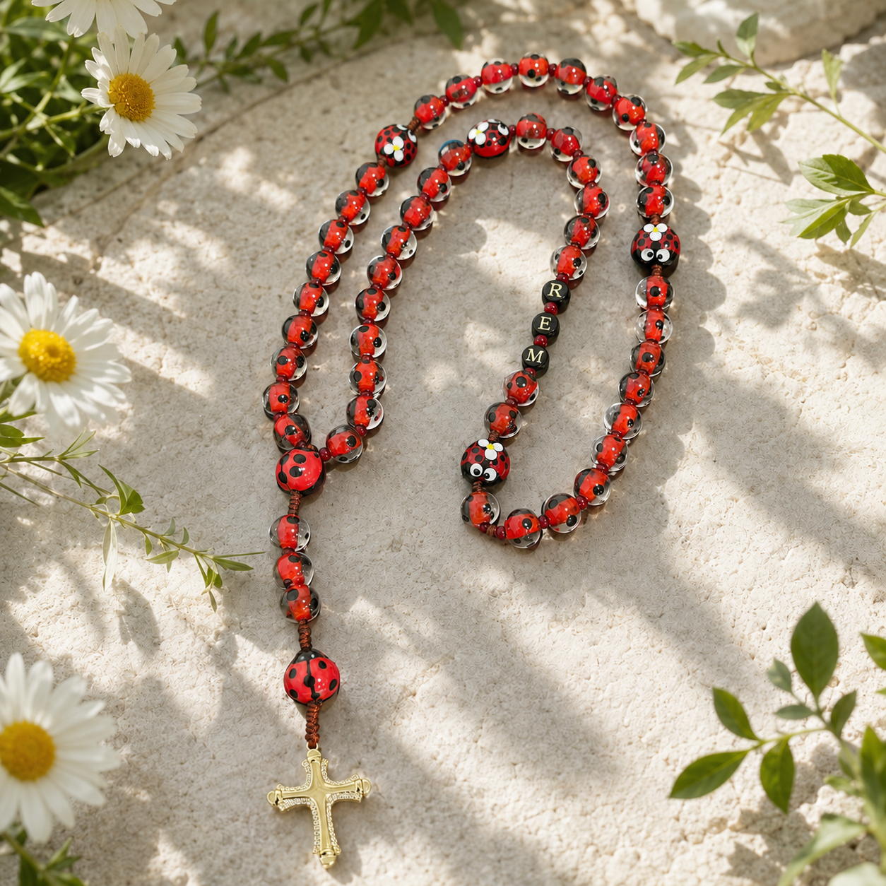 Handmade ladybug Catholic rosary with natural stone beads and crucifix, designed as a meaningful prayer gift for women and girls
