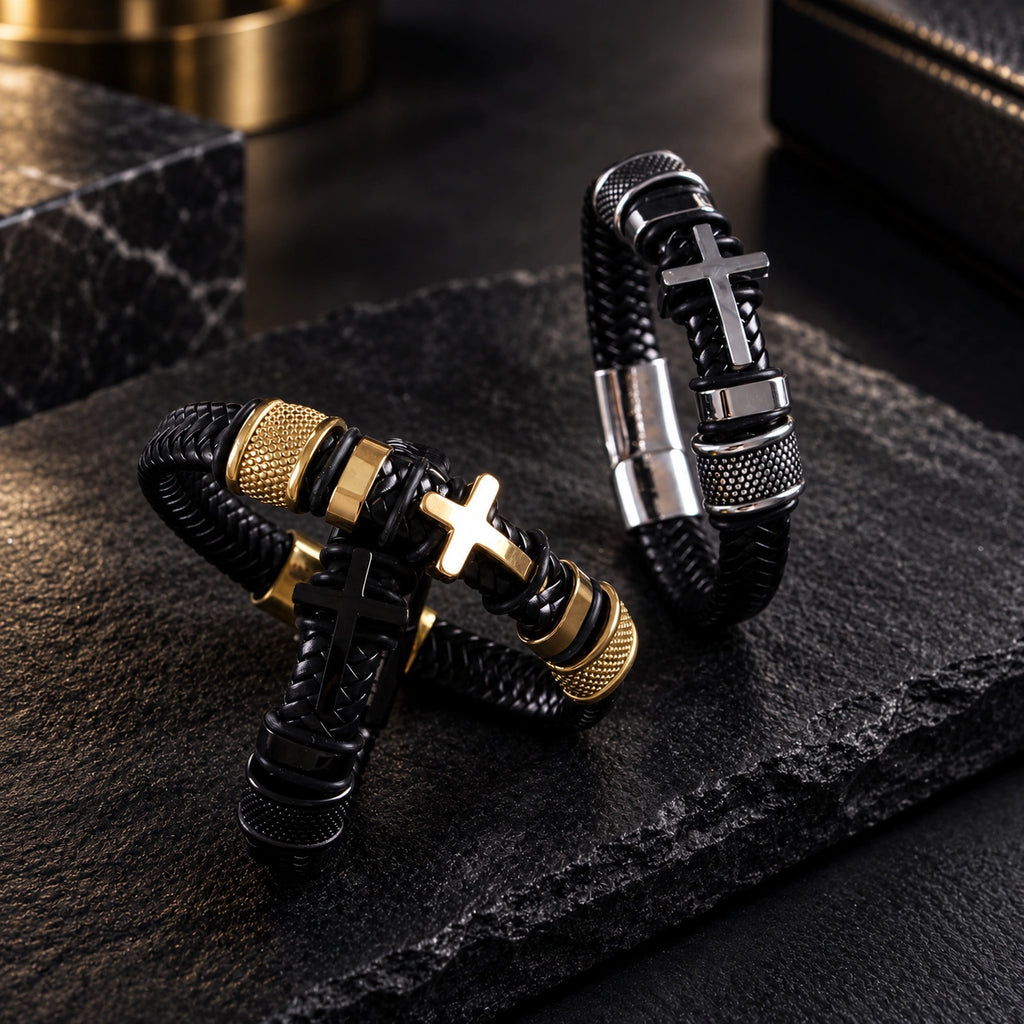 Gold-tone men’s cross bracelet with black braided leather-style band, metal accents, and personalized engraving detail.