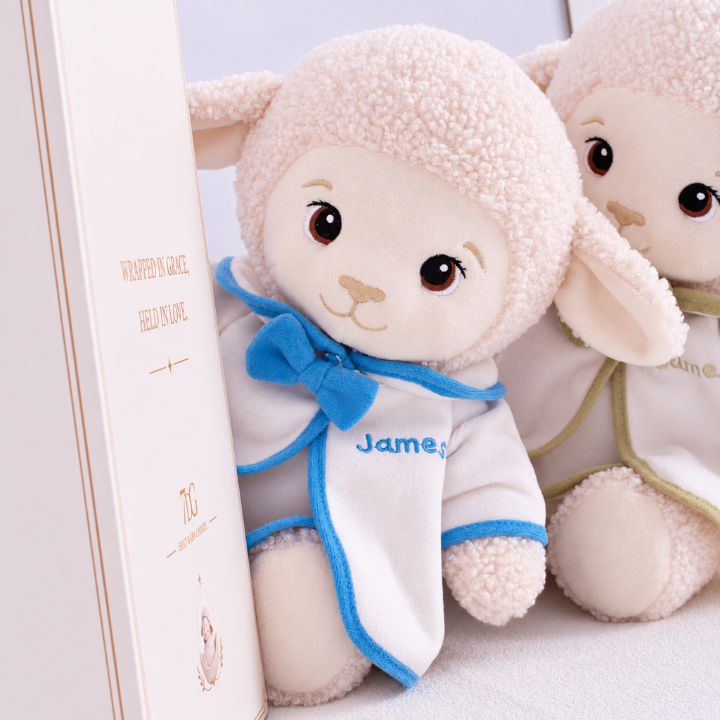Personalized baptism lamb designed as a meaningful Christening gift, godchild keepsake, and baby faith milestone gift.