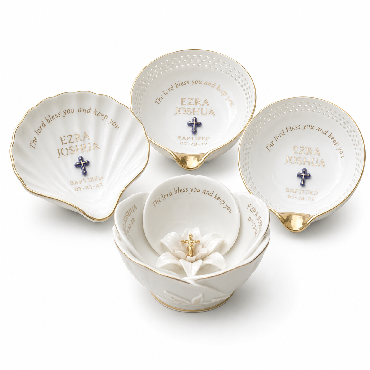 Personalized Porcelain Holy Water Bowl with Gold Rim – Baptism Font for Modern Spiritual Home Decor