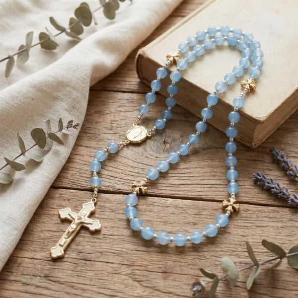 Handcrafted Blue Glass Catholic Rosary