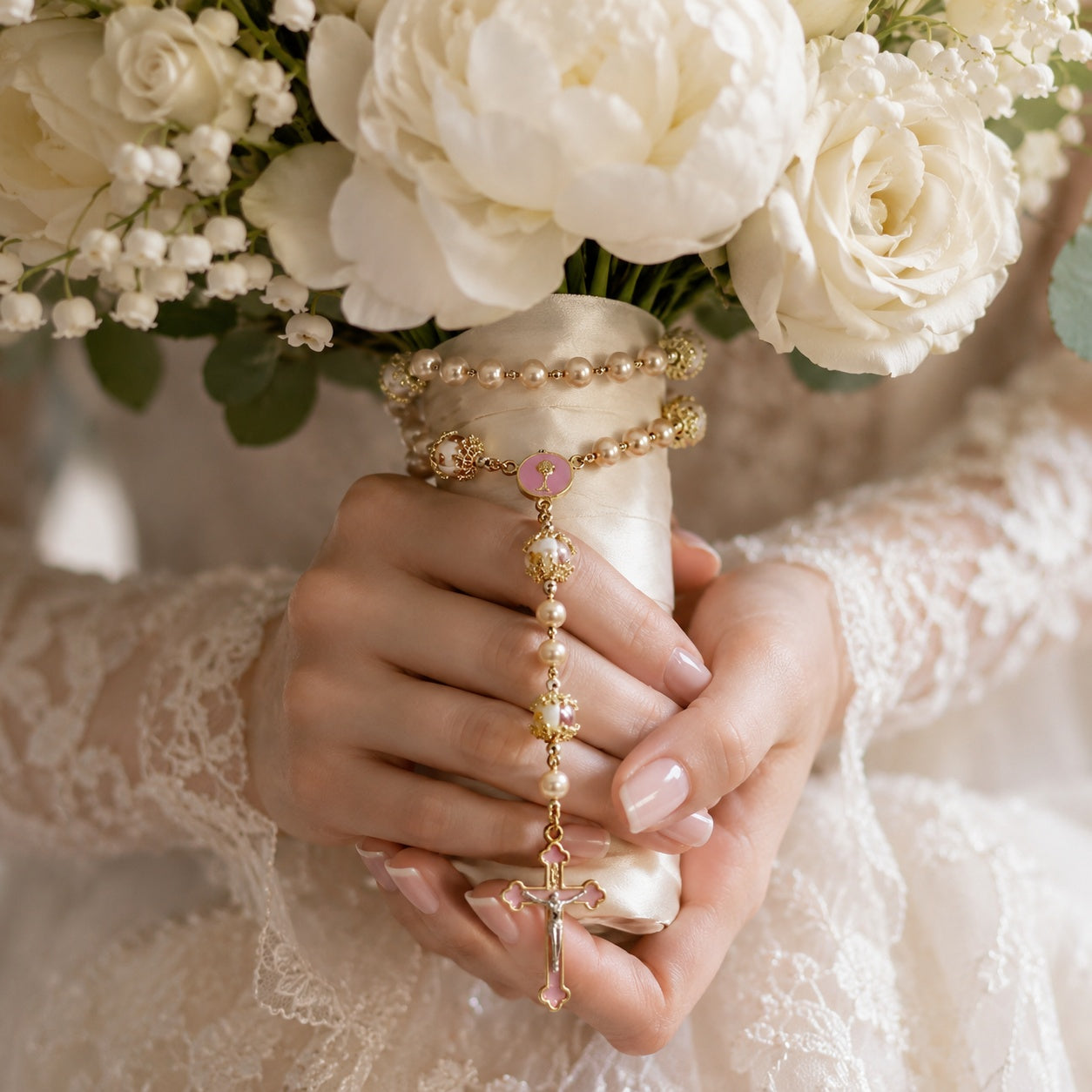 Rosary Wrapped Around Bridal Bouquet