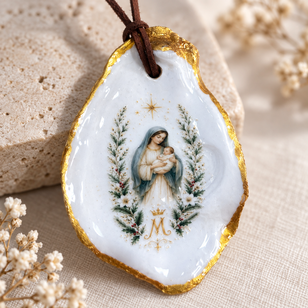 Close-up of a glossy Catholic wall ornament with hand-finished gold edge and delicate religious artwork.