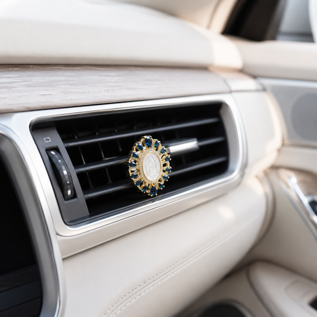 Catholic religious car gift with Virgin Mary design and blue crystal charm, thoughtful faith accessory for drivers and loved ones