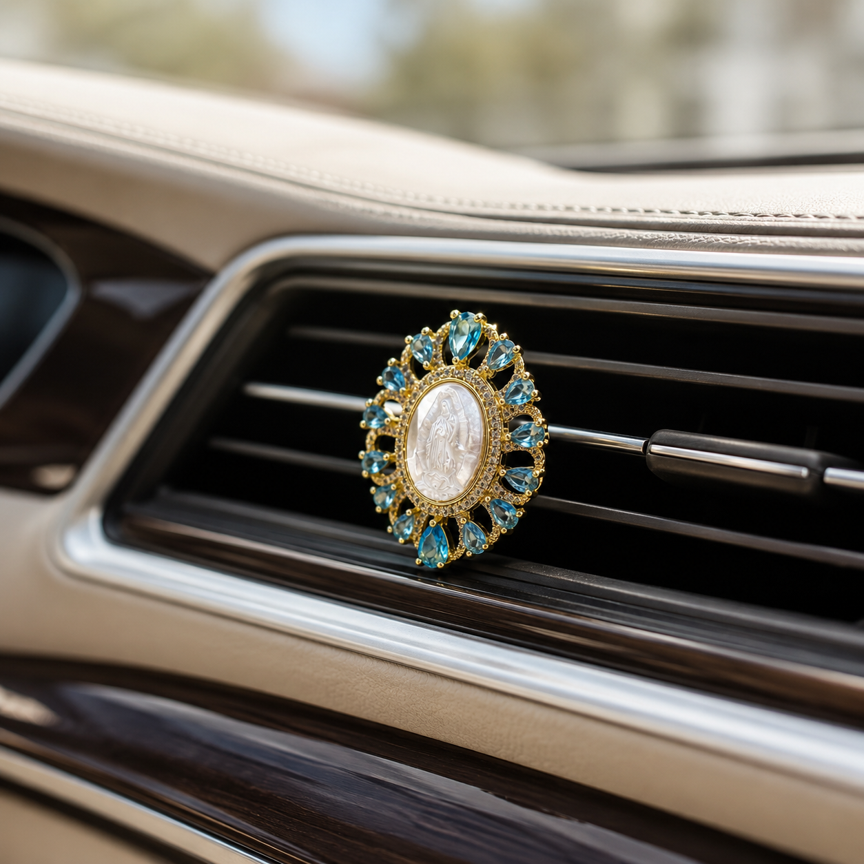 Virgin Mary Catholic car air vent clip with crystal details, elegant religious car charm for faith-inspired vehicle decor