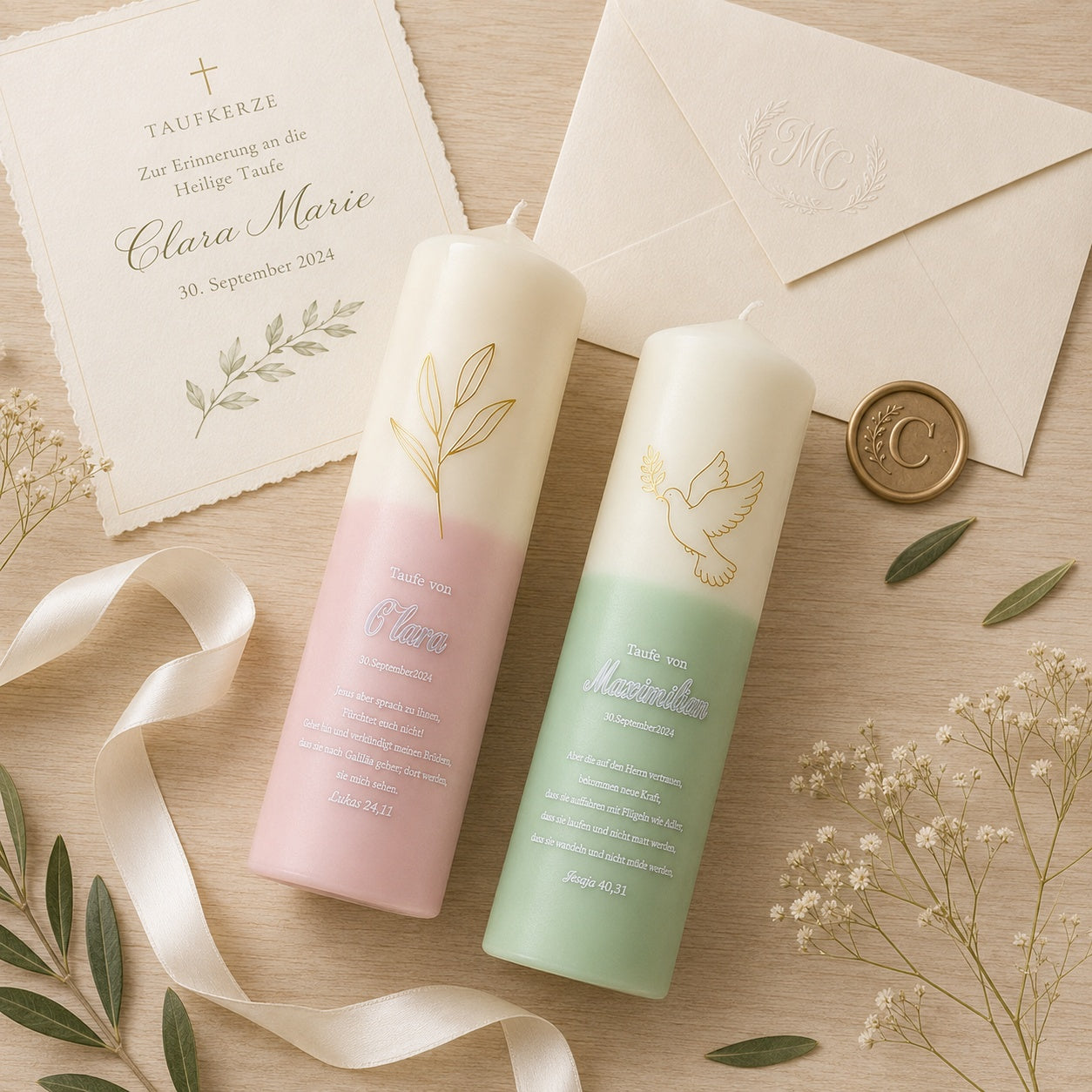 Personalized baby baptism candle displayed in a soft cream gift box with ribbon, blessing card, and olive branch detail, perfect as a godparent or christening keepsake gift.