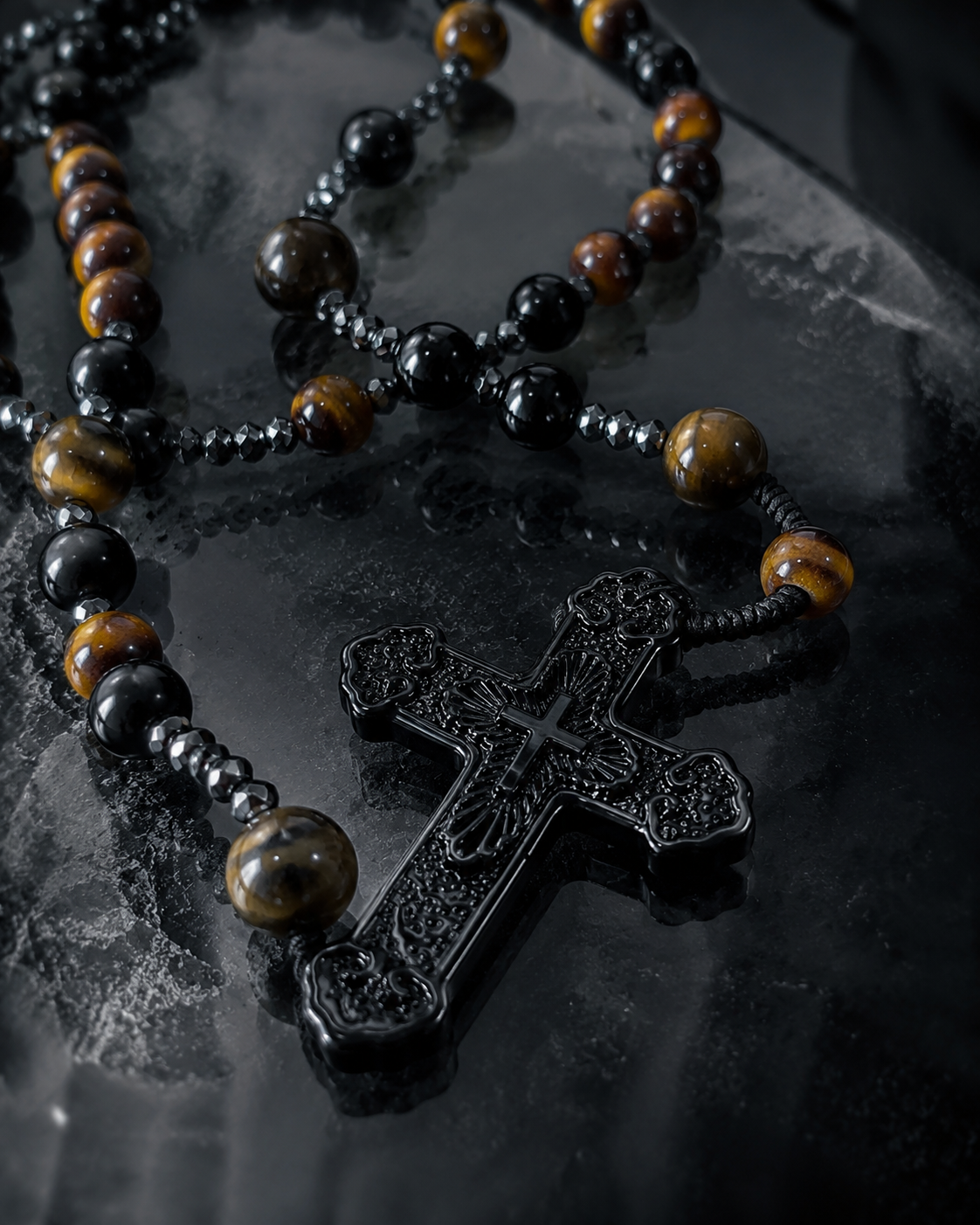 Tiger Eye Rosary Beads Catholic Prayer Beads for Men, Handmade Black Crucifix Rosary, Christian Gift for Him Baptism Confirmation Gift