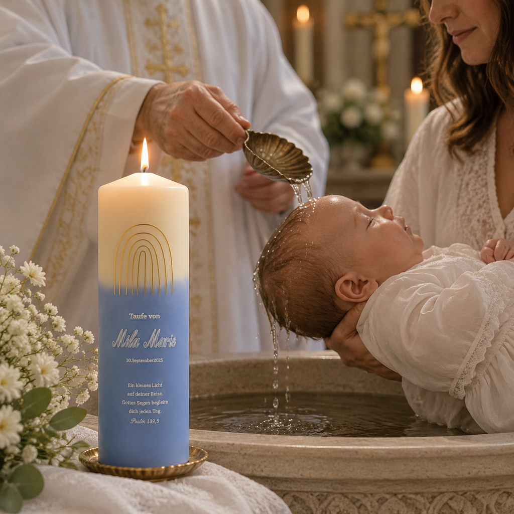 Custom baptism candle for baby christening with blue design, personalized name, date and Christian blessing