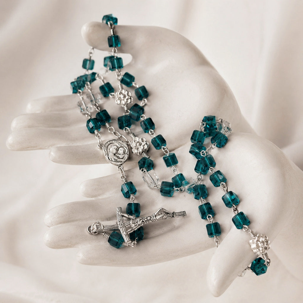 Blue Catholic Rosary Beads with Virgin Mary Medal, Handmade Crystal Prayer Beads, Baptism First Communion Confirmation Gift