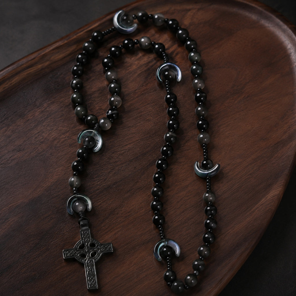Masculine Catholic rosary gift set featuring black beads, black crucifix, gift box, pouch, and faith card, ideal for a groom, husband, or religious wedding gift.