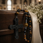 Catholic Wedding Rosary for Groom, Men's Black Rosary with Tiger Eye Beads, Christian Wedding Gift, Marriage Blessing Keepsake