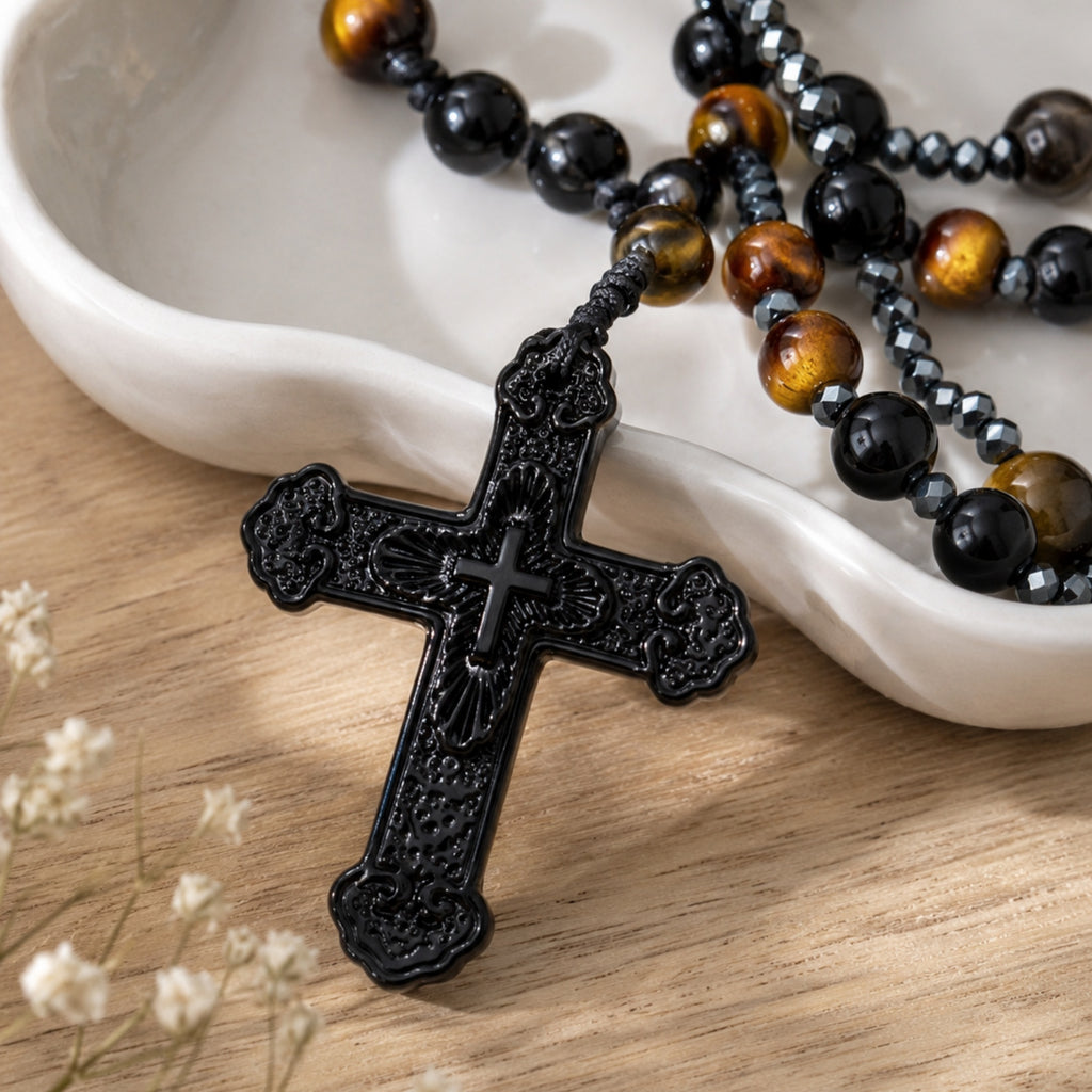 Tiger Eye Rosary Beads Catholic Prayer Beads for Men, Handmade Black Crucifix Rosary, Christian Gift for Him Baptism Confirmation Gift