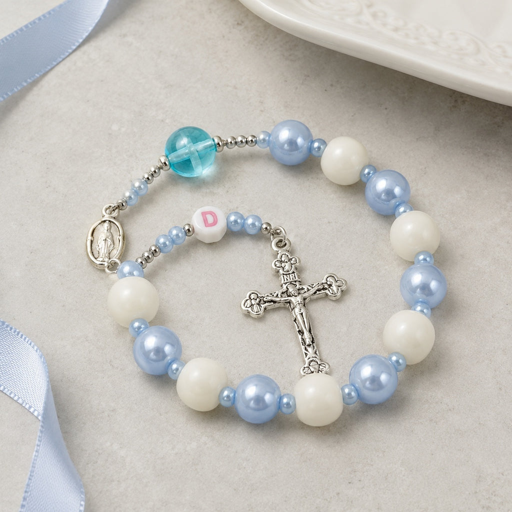 Blue Catholic Car Rosary, Steering Wheel Rosary, Personalized Initial Car Charm, Silver Crucifix, Driver Gift