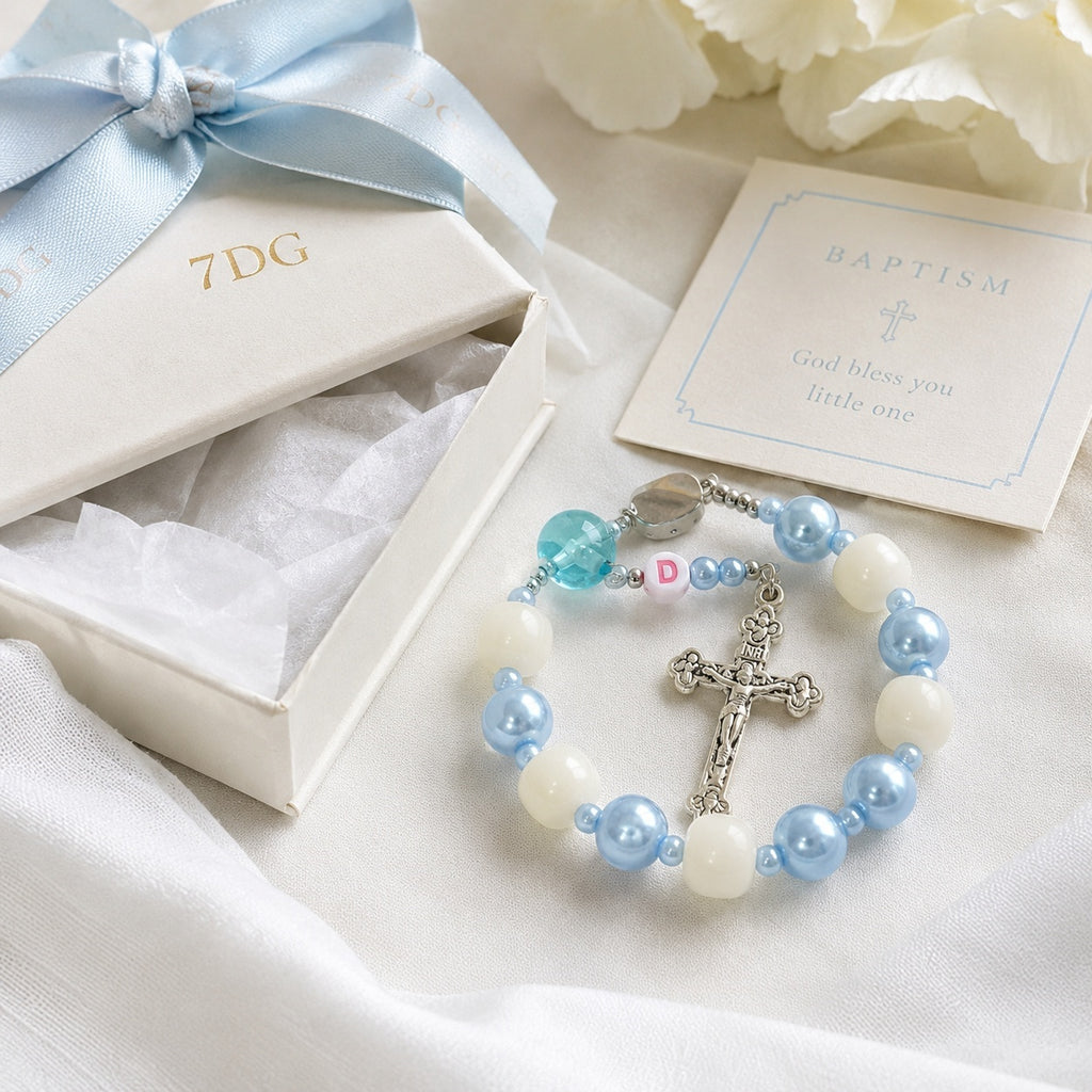 Blue Catholic Car Rosary, Steering Wheel Rosary, Personalized Initial Car Charm, Silver Crucifix, Driver Gift