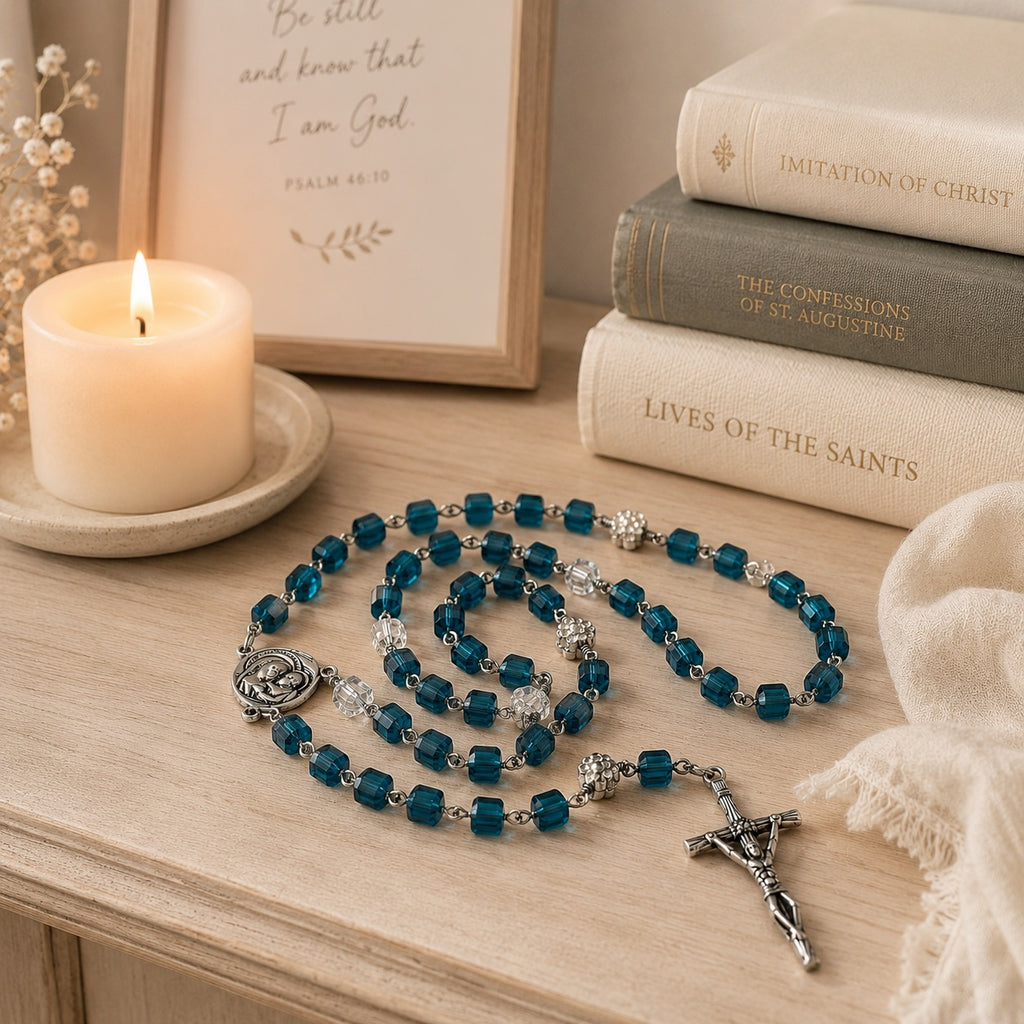 Handmade blue rosary beads with silver crucifix and Marian center medal, styled as a baptism or confirmation gift