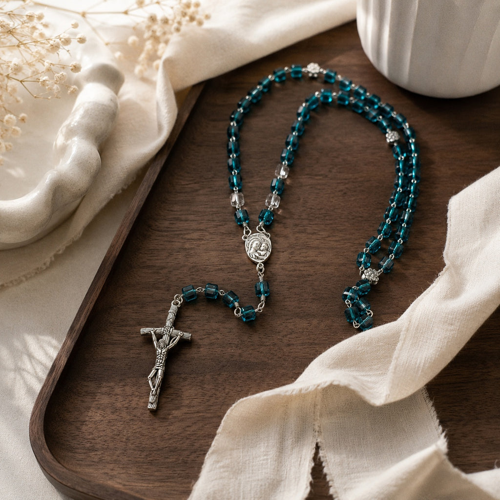 Blue Catholic Rosary Beads with Virgin Mary Medal, Handmade Crystal Prayer Beads, Baptism First Communion Confirmation Gift