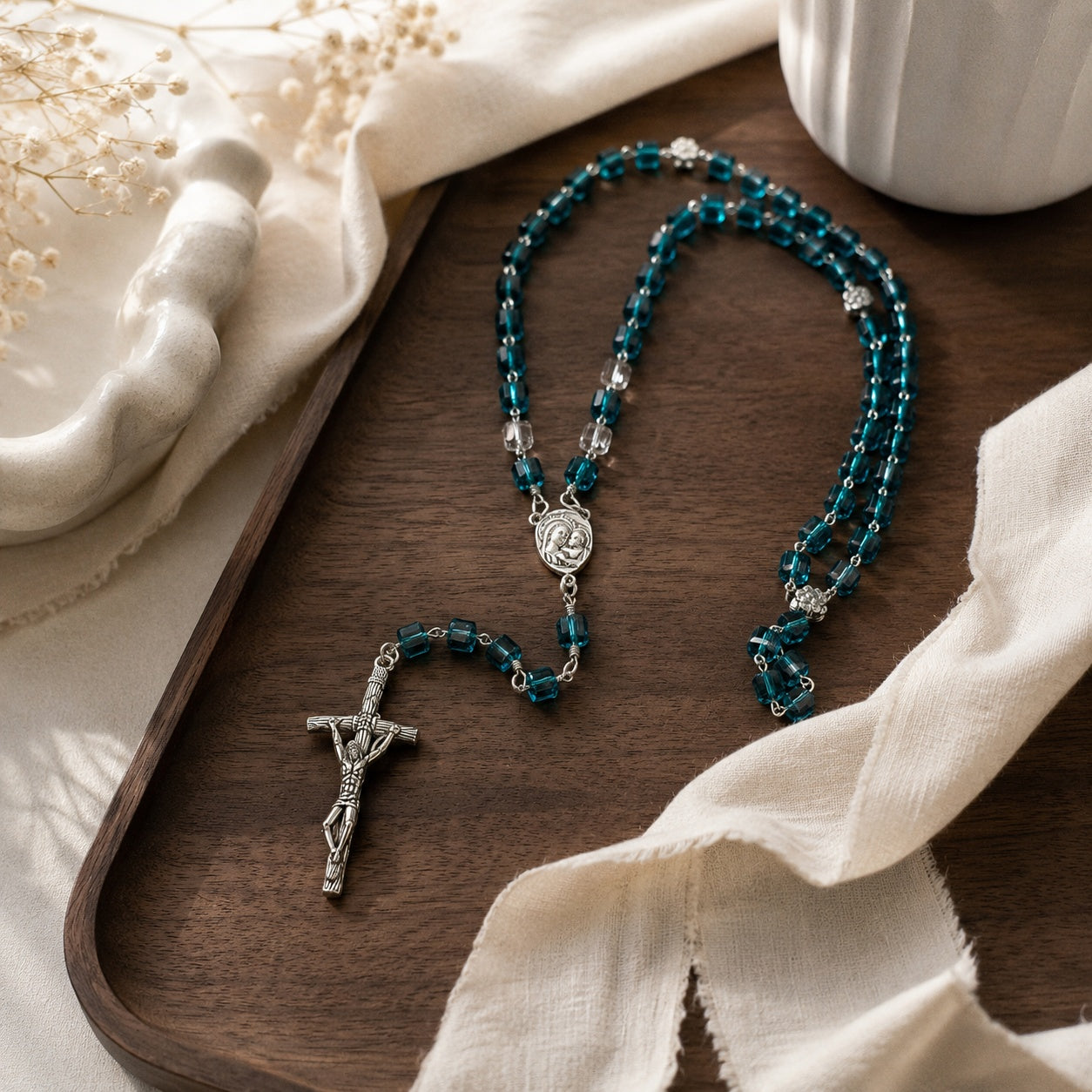 Blue Catholic Rosary Beads with Virgin Mary Medal, Handmade Crystal Prayer Beads, Baptism First Communion Confirmation Gift