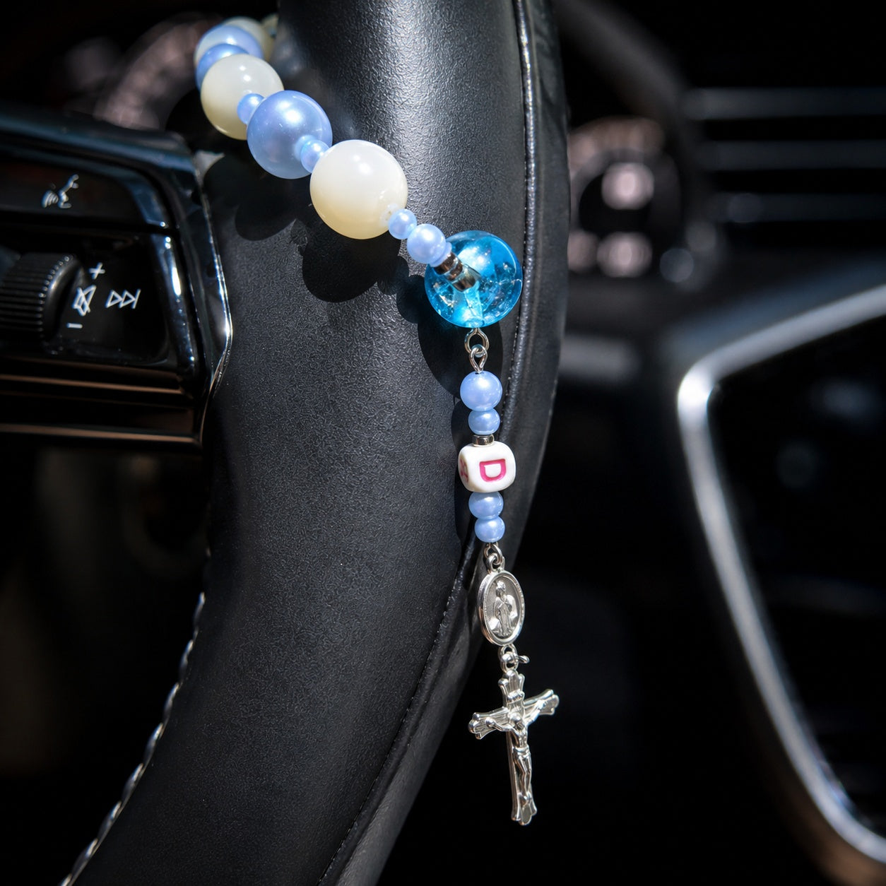 Blue Catholic Car Rosary, Steering Wheel Rosary, Personalized Initial Car Charm, Silver Crucifix, Driver Gift