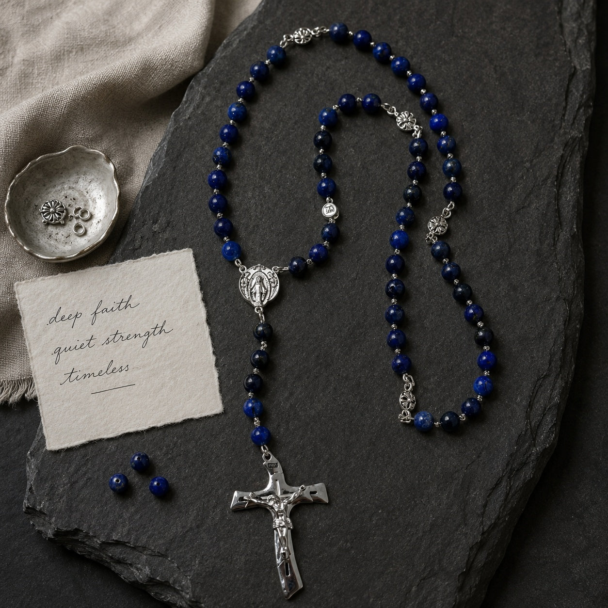 Something Blue Catholic wedding rosary with deep blue beads and silver crucifix, styled as groom and bride prayer beads for a meaningful marriage keepsake.