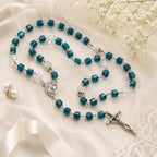 Blue Wedding Rosary Beads for Bride, Catholic Bridal Bouquet Prayer Beads with Silver Crucifix, Something Blue Wedding Gift