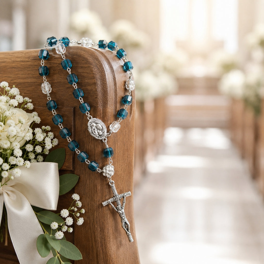 Blue Wedding Rosary Beads for Bride, Catholic Bridal Bouquet Prayer Beads with Silver Crucifix, Something Blue Wedding Gift