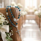 Blue Wedding Rosary Beads for Bride, Catholic Bridal Bouquet Prayer Beads with Silver Crucifix, Something Blue Wedding Gift