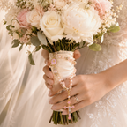 Elegant pink pearl rosary for Catholic wedding, featuring personalized beads, a pink crucifix, and soft bridal floral styling
